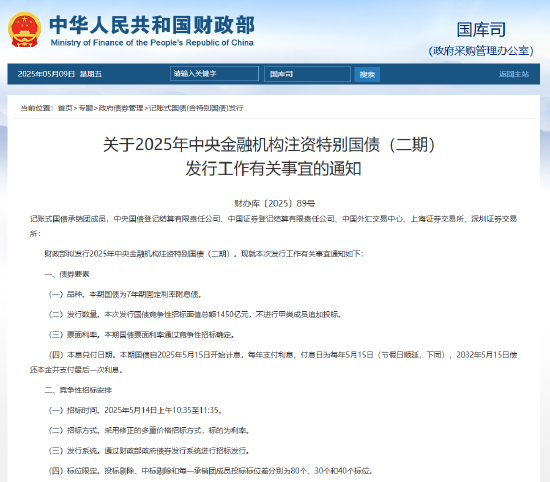锦盈多 财政部拟发行2025年中央金融机构注资特别国债（二期） 招标面值总额1450亿元