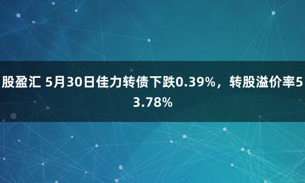 股盈汇 5月30日佳力转债下跌0.39%，转股溢价率53.78%